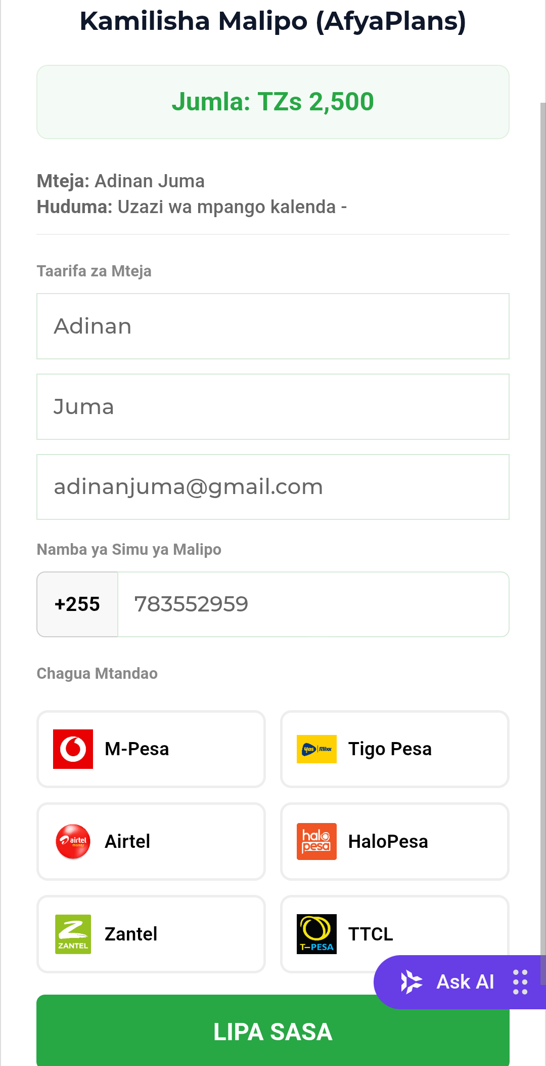 Hatua ya 1: Kulipia oda
